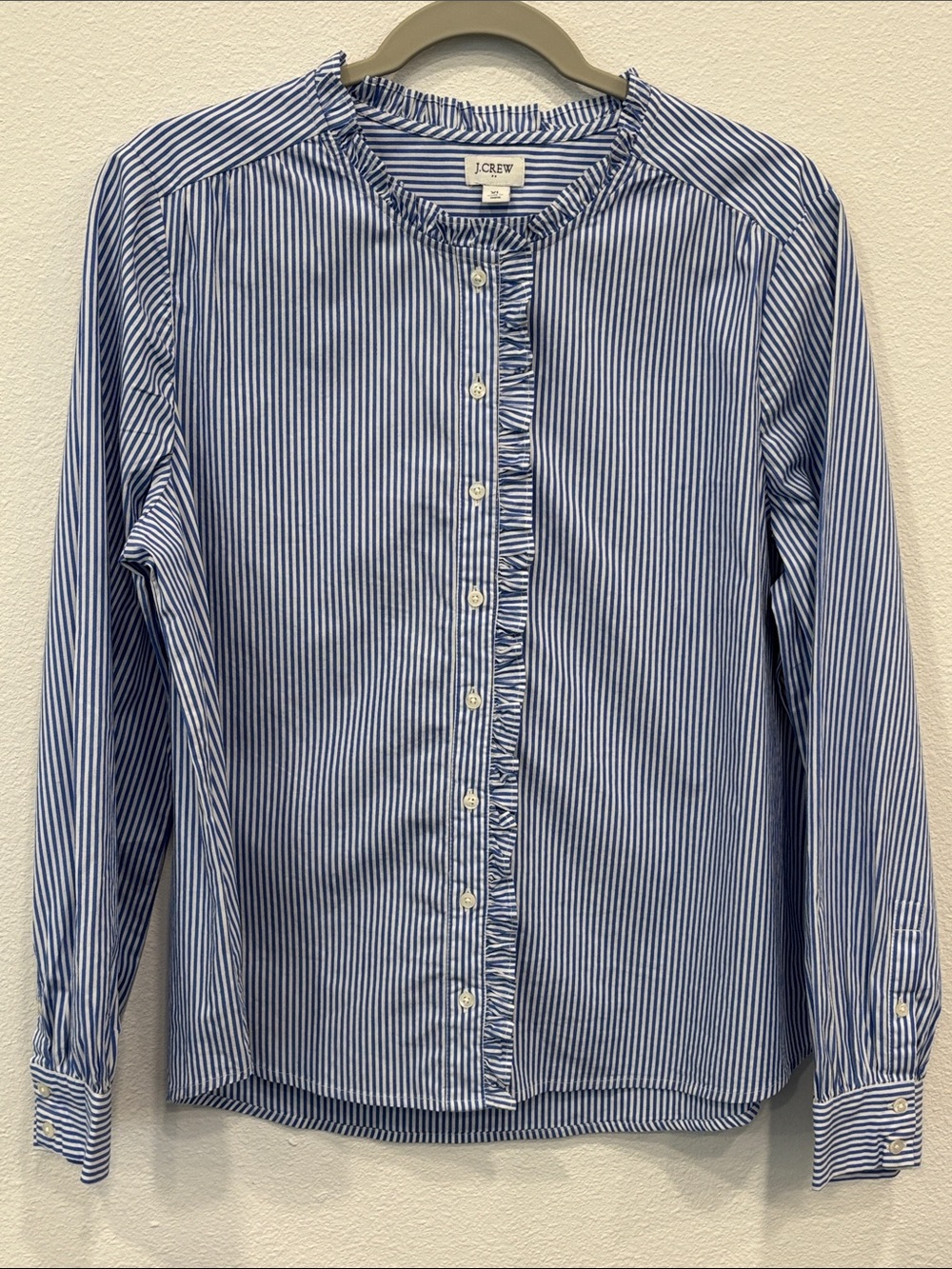 J. Crew Women’s Blue and White Striped Ruffle-Trim Button-Up Shirt Size XL